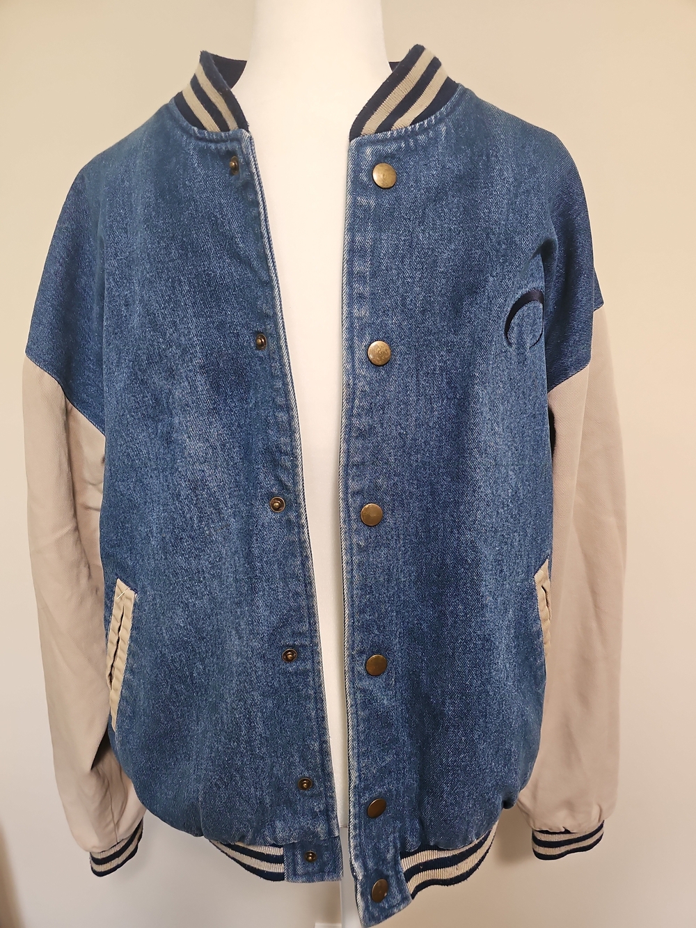 Vintage 90s Hilton Denim Varsity Jacket Colorblock Bomber Plaid Lined - Sz Large